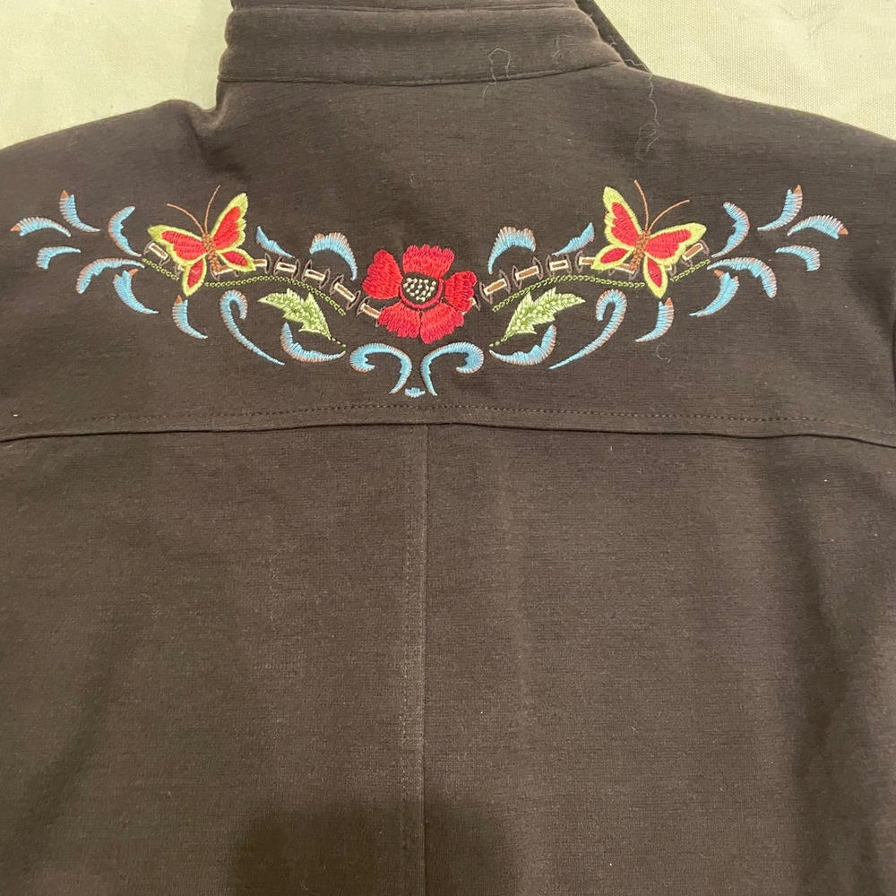 VTG Savvy‎ by DT Studio Brown Embroidered Butterfly Flower Button Shirt Womens M - Picture 8 of 8